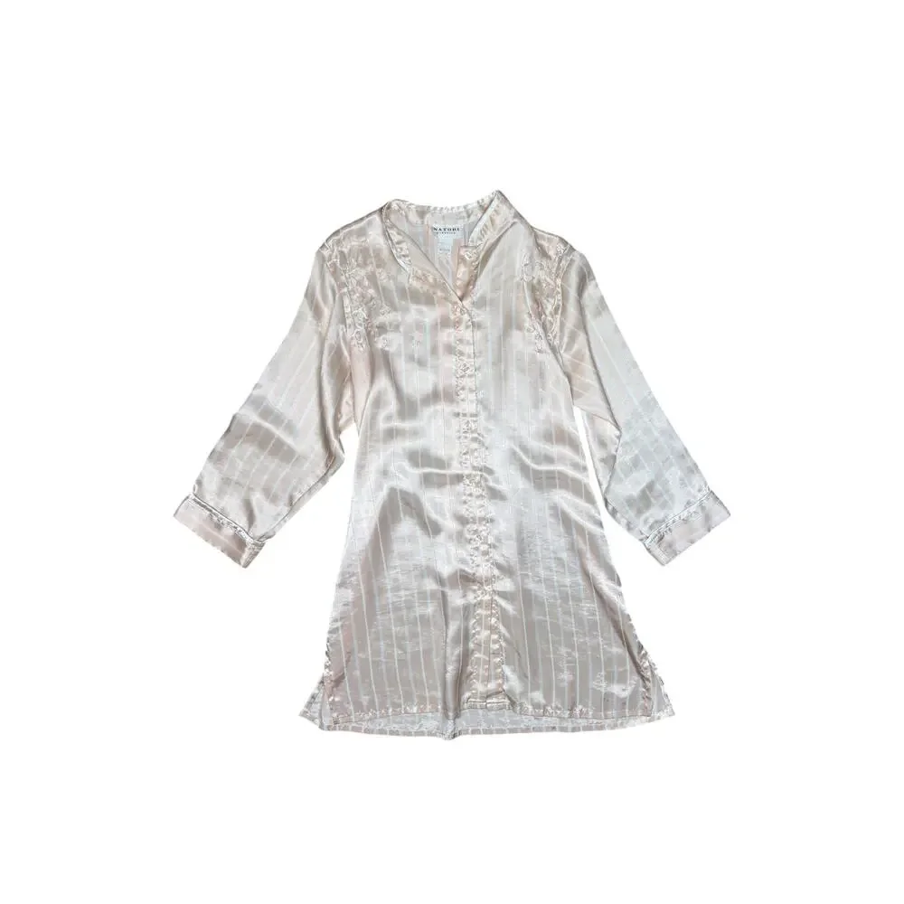 Vintage Natori Classics Peach Embroidered Satin Nightgown Sleep Shirt Medium